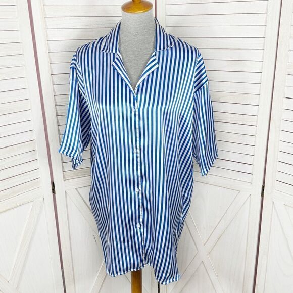 Victoria’s Secret Vintage Striped Satin Sleep Shirt White Blue Small Button Up - Picture 1 of 10